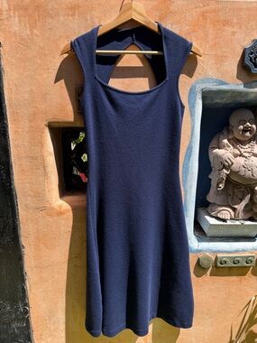 Ralph Lauren Black Label Merino Wool Navy Square Neck Cut Out Back Stretch Dress